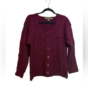Inis Crafts Burgundy Merino Wool Cable Knit Cardigan Sweater